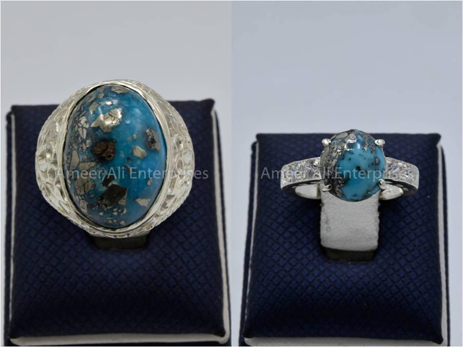Silver Couple Rings: Pair 132,  Stone: Shajri Feroza - AmeerAliEnterprises