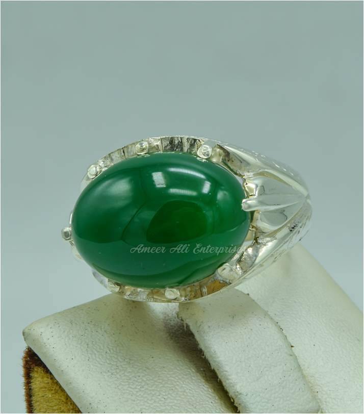 AAE 3119 Chandi Ring 925, Stone: Green Aqeeq - AmeerAliEnterprises