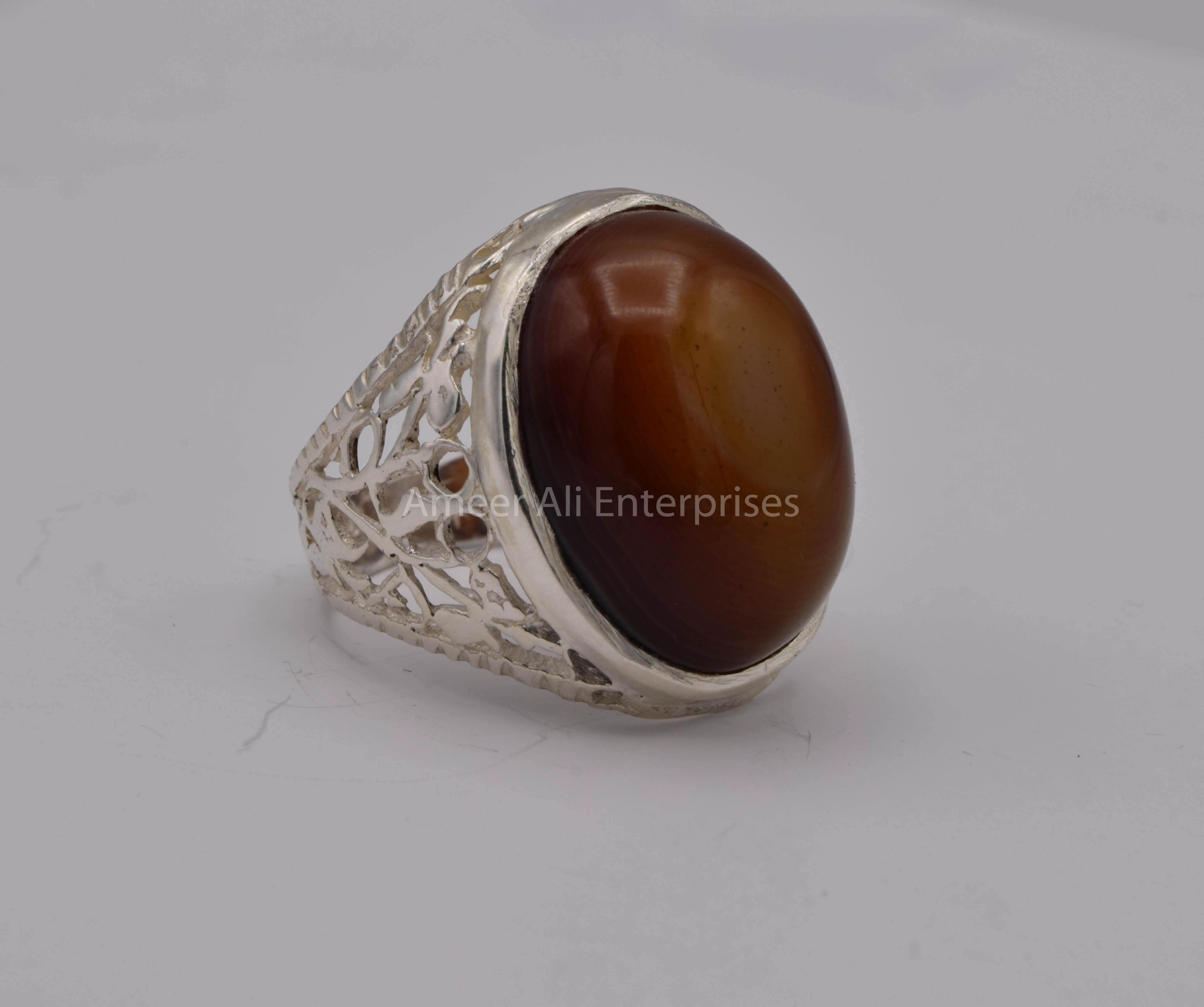 Yemen Agate (Aqeeq) Stone Carving Ottoman Style Sterling Silver Men's Ring  (O) : Amazon.co.uk: Fashion