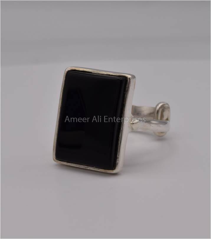 AAE 8211 Chandi Ring 925, Stone: Black Aqeeq - AmeerAliEnterprises