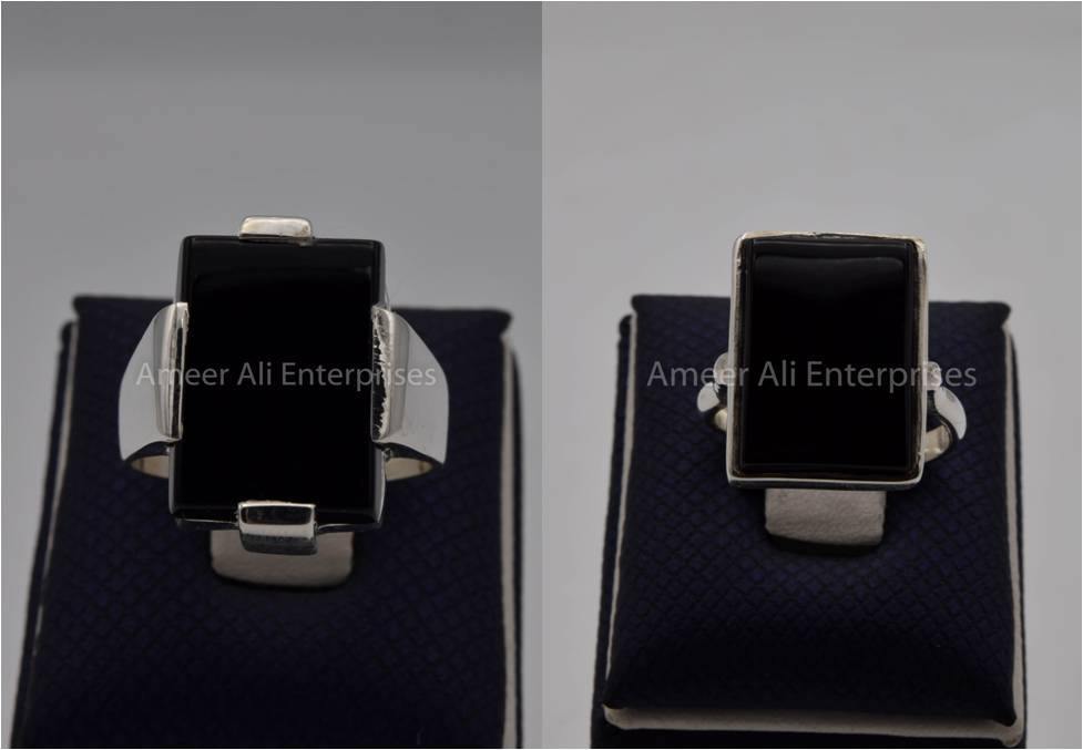 Silver Couple Rings: Pair 87,  Stone: Black Aqeeq (Agate) - AmeerAliEnterprises