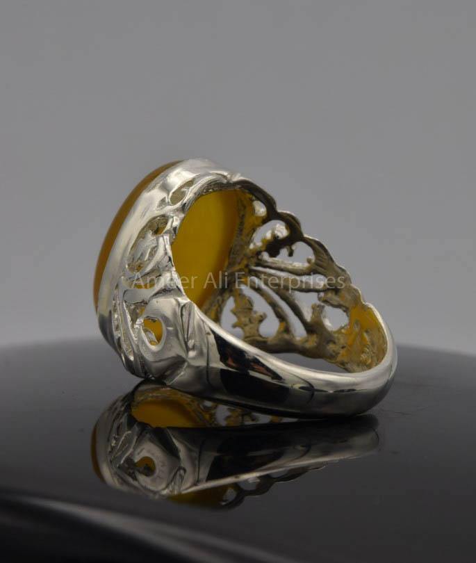 AAE 6525 Chandi Ring 925, Stone: Yellow Aqeeq - AmeerAliEnterprises