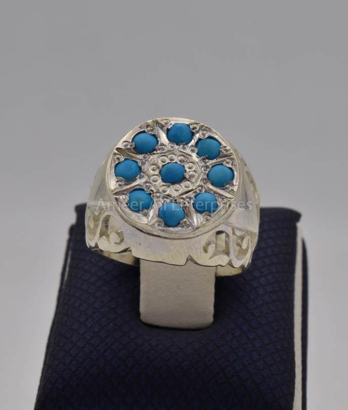 AAE 9143 Chandi Ring 925, Stone: Feroza (Turquoise) - AmeerAliEnterprises