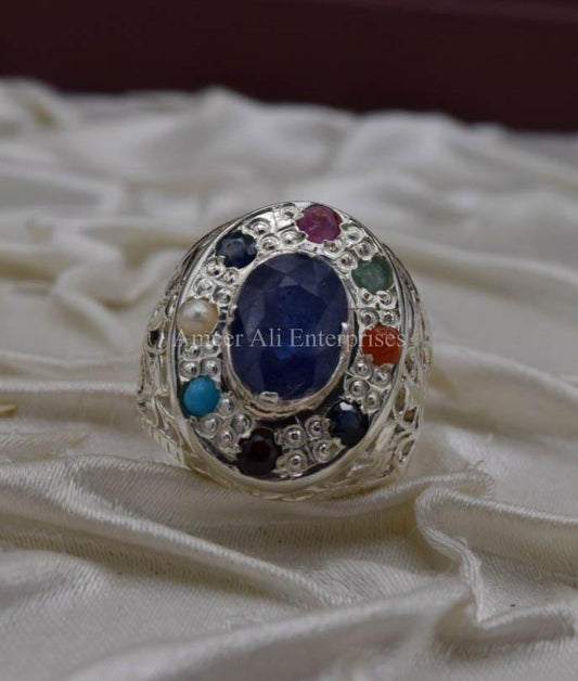 AAE 1590 Chandi Ring 925, Stone: Navratan (Nine Original Stones) - AmeerAliEnterprises