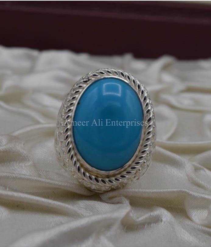 AAE 1600 Chandi Ring 925, Stone: Feroza (Turquoise) - AmeerAliEnterprises