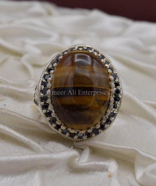 AAE 0532 Chandi Ring 925, Stone: Tiger's Eye - AmeerAliEnterprises
