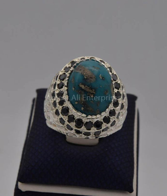 AAE 7725 Chandi Ring 925, Stone: Shajri Feroza (Turquoise) - AmeerAliEnterprises
