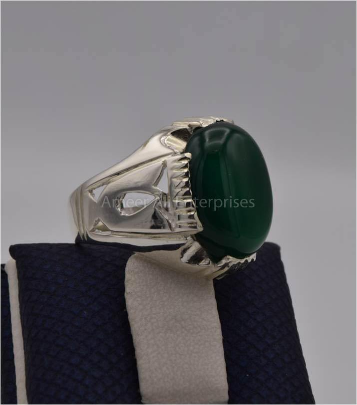 AAE 3111 Chandi Ring 925, Stone: Green Aqeeq - AmeerAliEnterprises