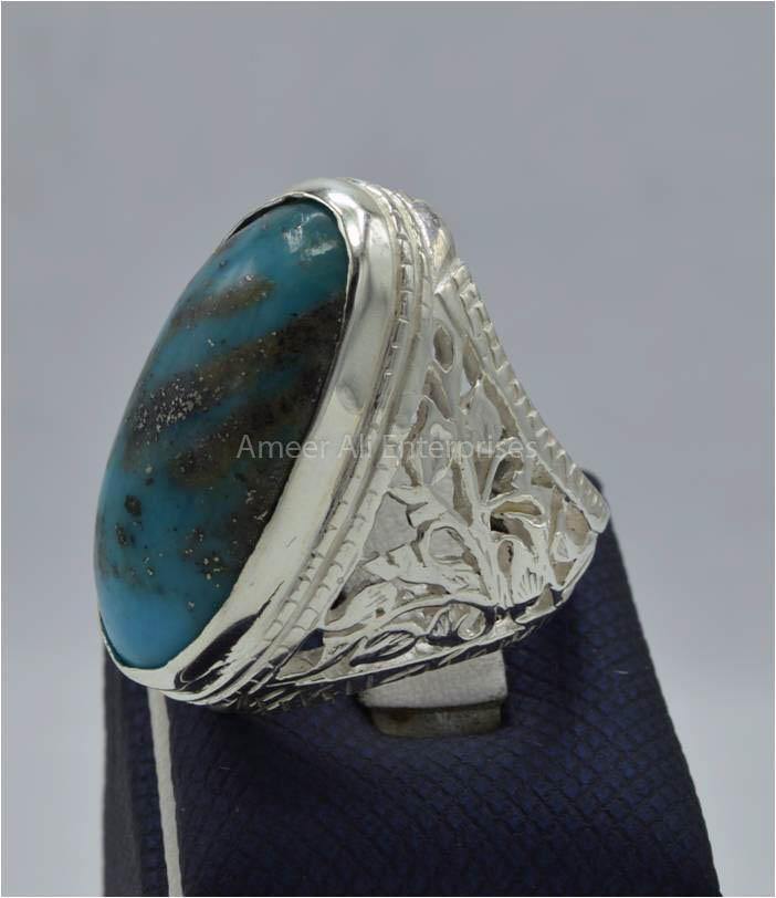 AAE 5855 Chandi Ring 925, Stone: Shajri Feroza - AmeerAliEnterprises