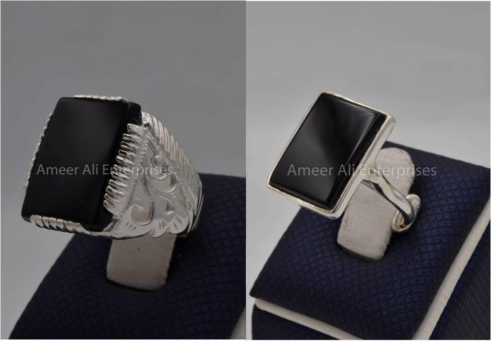 Silver Couple Rings: Pair 88,  Stone: Black Aqeeq (Agate) - AmeerAliEnterprises