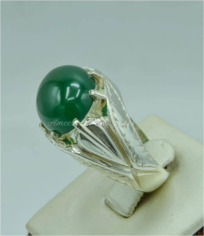 AAE 3119 Chandi Ring 925, Stone: Green Aqeeq - AmeerAliEnterprises
