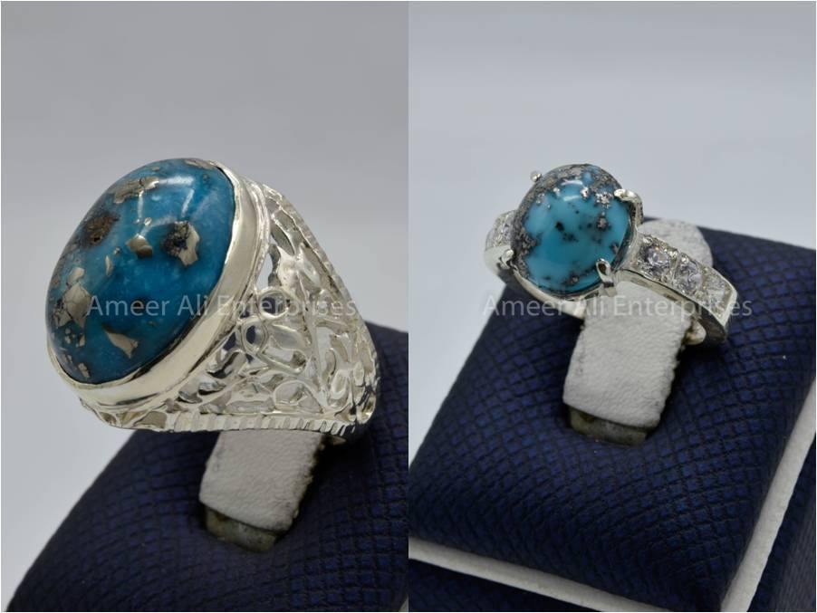 Silver Couple Rings: Pair 132,  Stone: Shajri Feroza - AmeerAliEnterprises