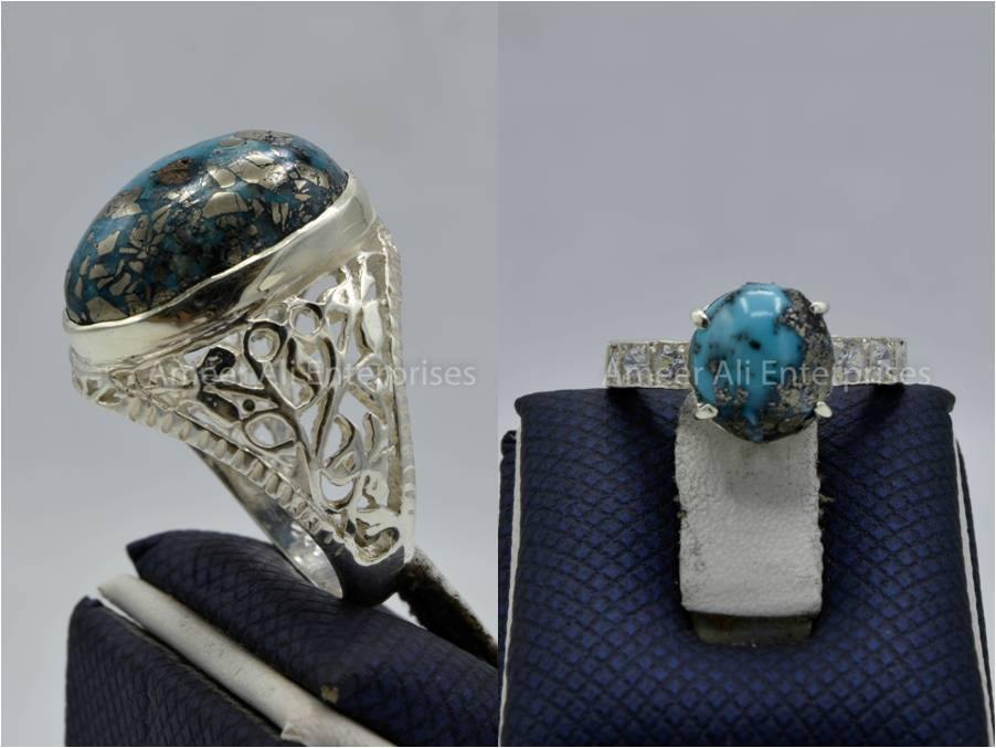 Silver Couple Rings: Pair 132,  Stone: Shajri Feroza - AmeerAliEnterprises
