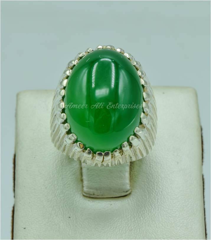 AAE 5707 Chandi Ring 925, Stone: Green Aqeeq - AmeerAliEnterprises