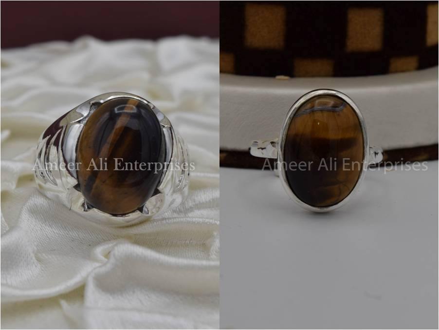 Silver Couple Rings: Pair 14,  Stone: Tiger`s Eye - AmeerAliEnterprises