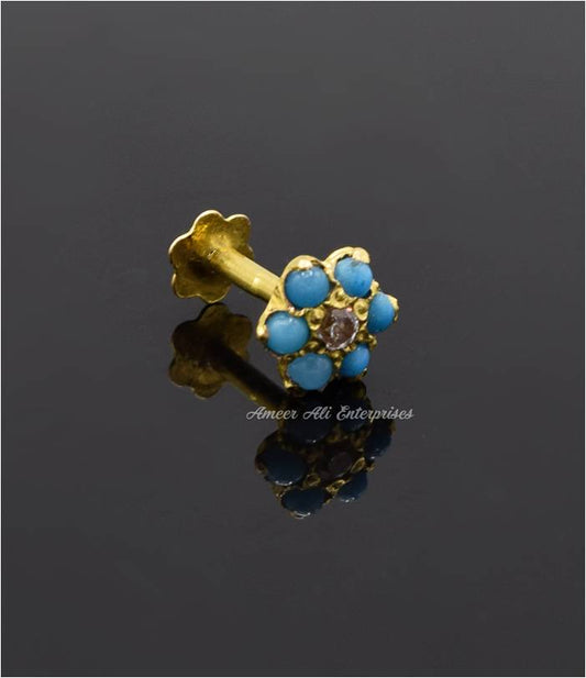 AAE 6892 Gold Nose pin, Stone: Feroza