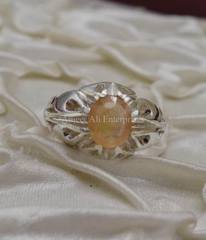 AAE 1579 Chandi Ring 925, Stone: Yellow Sapphire (Pukhraj) - AmeerAliEnterprises