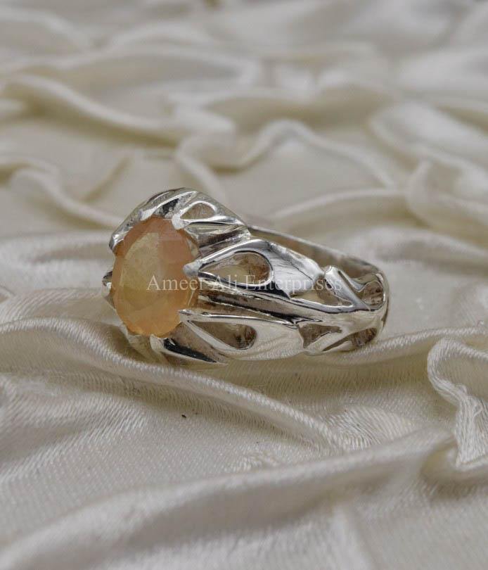 AAE 1579 Chandi Ring 925, Stone: Yellow Sapphire (Pukhraj) - AmeerAliEnterprises