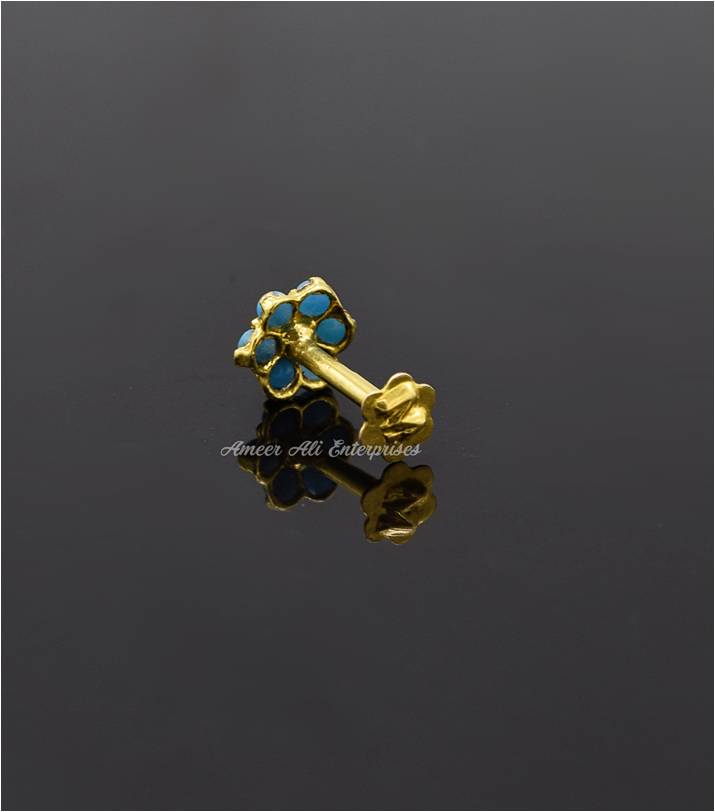 AAE 6892 Gold Nose pin, Stone: Feroza