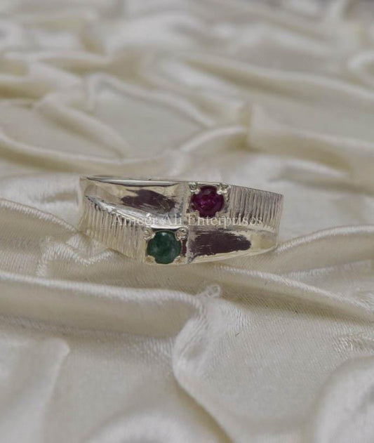 AAE 3505 Chandi Ring 925, Stone Emerald (Zamurd) and Ruby - AmeerAliEnterprises