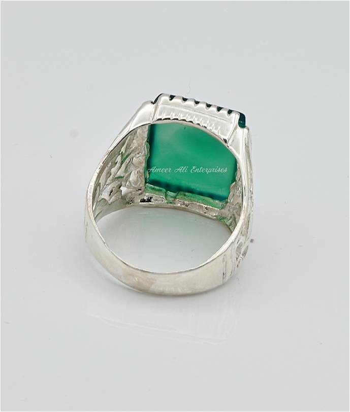 AAE 6647 Chandi Ring 925, Stone: Green Aqeeq