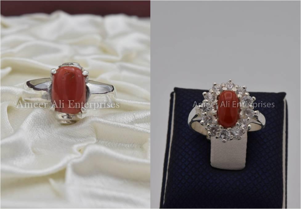Silver Couple Rings: Pair 56,  Stone: Marjan (Coral) - AmeerAliEnterprises