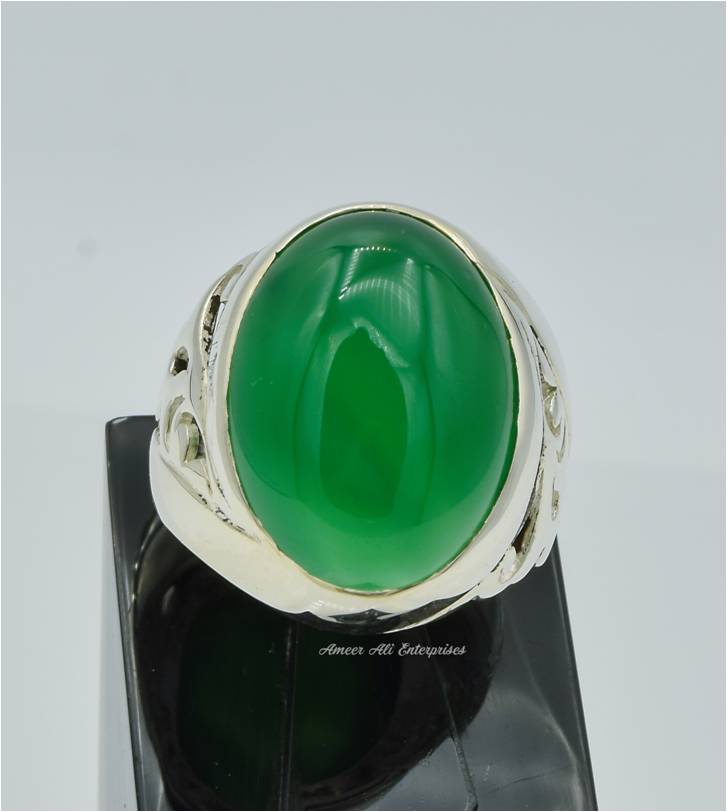 AAE 6236 Chandi Ring 925, Stone: Green Aqeeq
