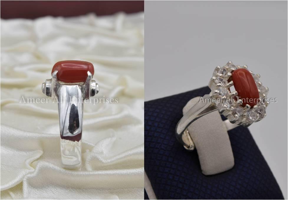 Silver Couple Rings: Pair 56,  Stone: Marjan (Coral) - AmeerAliEnterprises