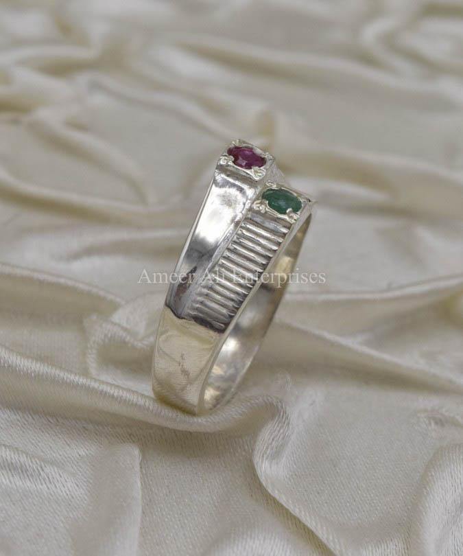 AAE 3505 Chandi Ring 925, Stone Emerald (Zamurd) and Ruby - AmeerAliEnterprises