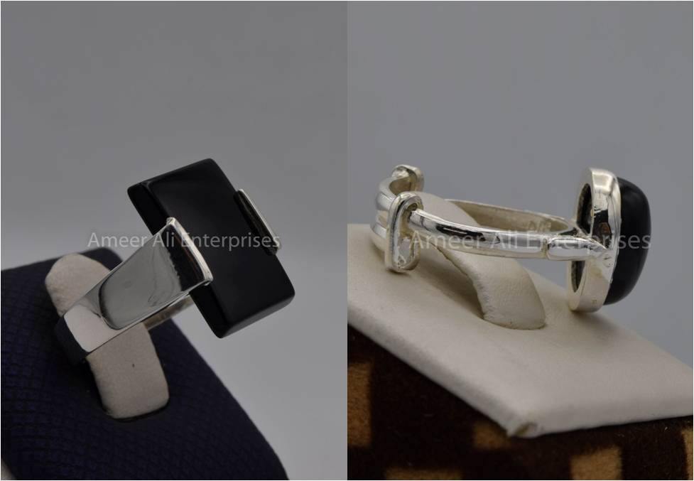 Silver Couple Rings: Pair 26,  Stone: Black Aqeeq (Agate) - AmeerAliEnterprises