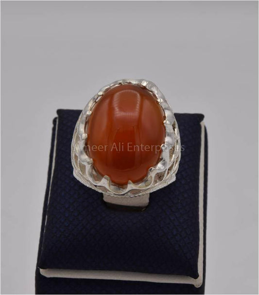 AAE 2463 Chandi Ring 925, Stone: Red Aqeeq - AmeerAliEnterprises