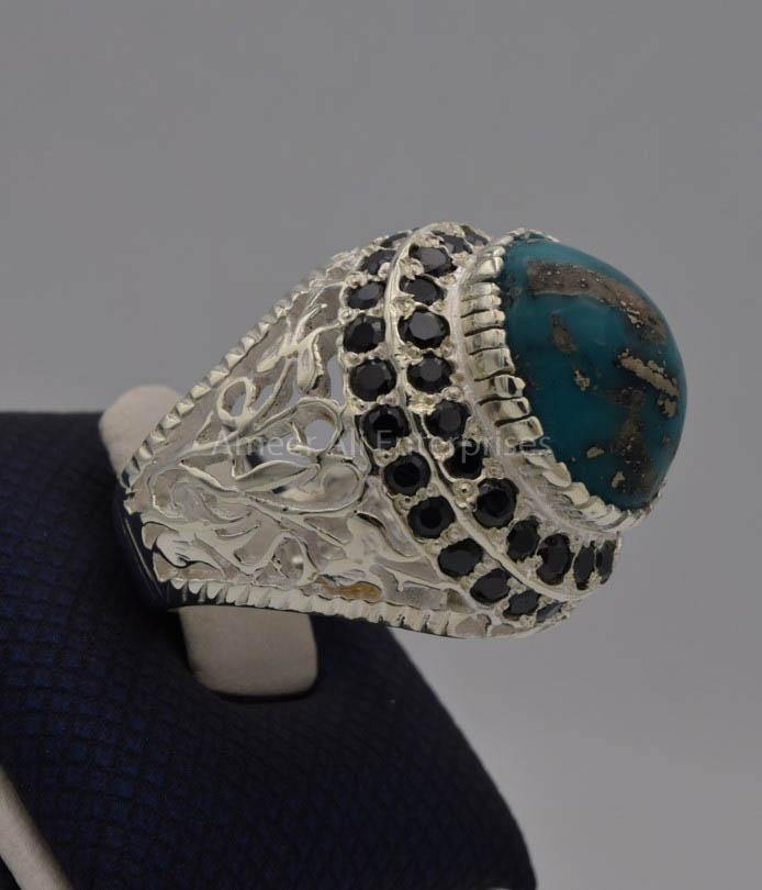 AAE 7725 Chandi Ring 925, Stone: Shajri Feroza (Turquoise) - AmeerAliEnterprises