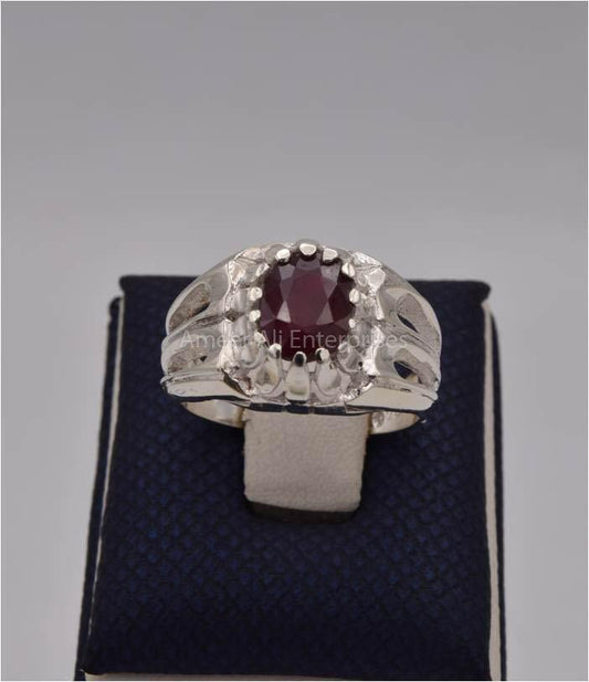 AAE 9802 Chandi Ring 925, Stone: Ruby Yaqoot - AmeerAliEnterprises