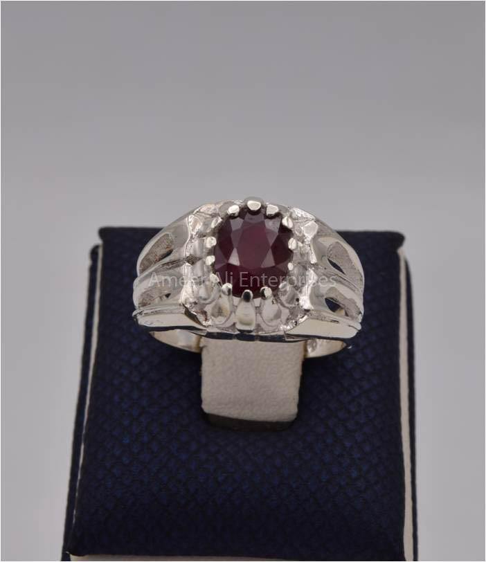 AAE 9802 Chandi Ring 925, Stone: Ruby Yaqoot - AmeerAliEnterprises