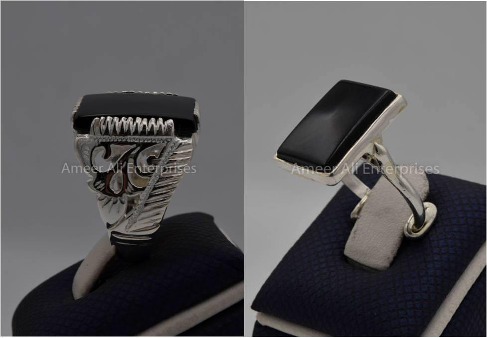Silver Couple Rings: Pair 88,  Stone: Black Aqeeq (Agate) - AmeerAliEnterprises