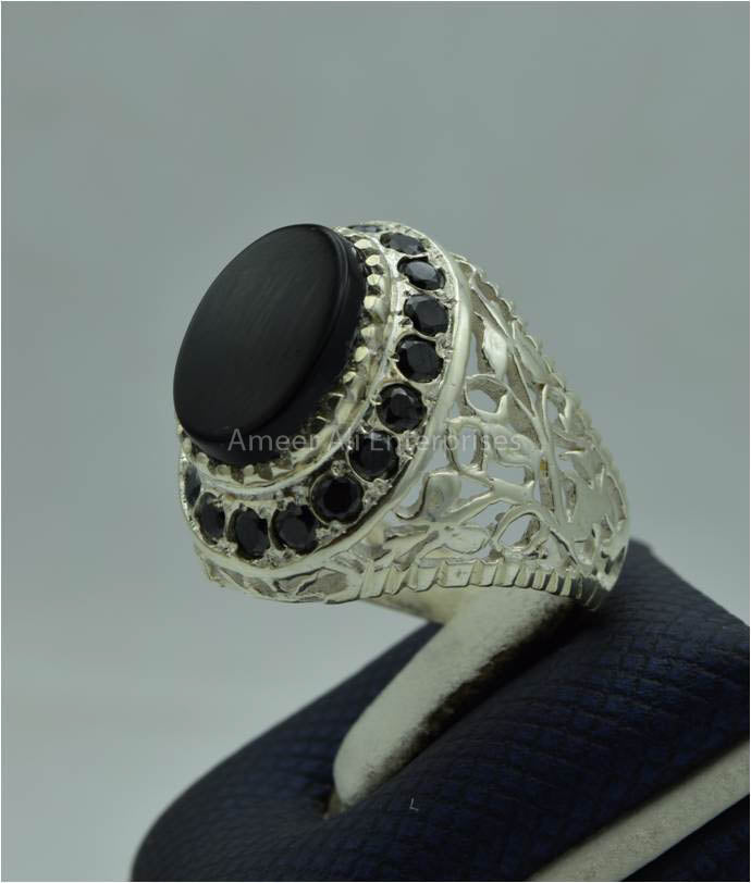 AAE 6679 Chandi Ring 925, Stone: Black Aqeeq