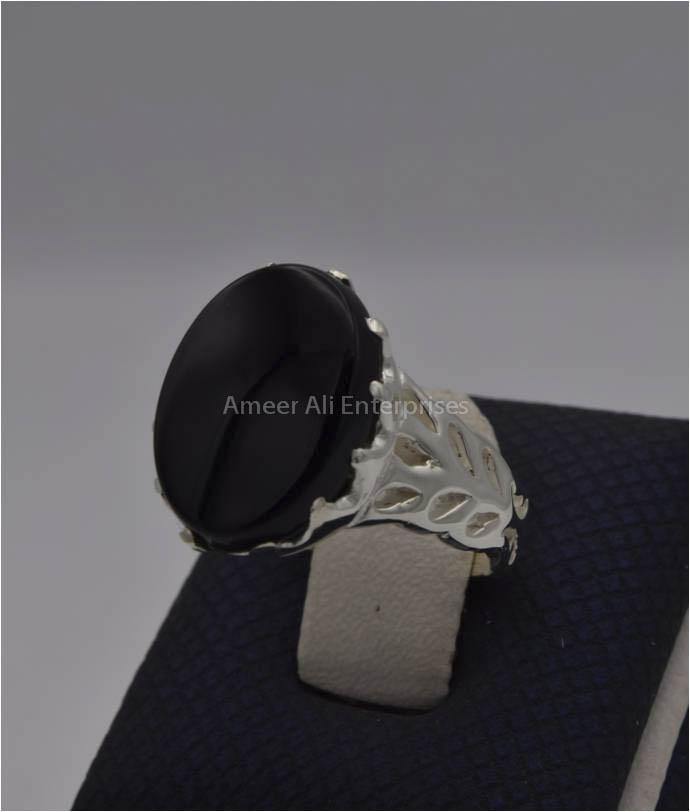 AAE 1211 Chandi Ring 925, Stone: Black Aqeeq - AmeerAliEnterprises