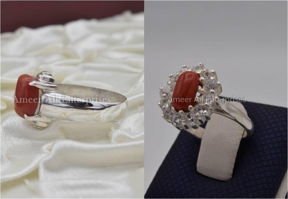 Silver Couple Rings: Pair 56,  Stone: Marjan (Coral) - AmeerAliEnterprises