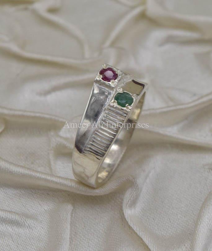 AAE 3505 Chandi Ring 925, Stone Emerald (Zamurd) and Ruby - AmeerAliEnterprises