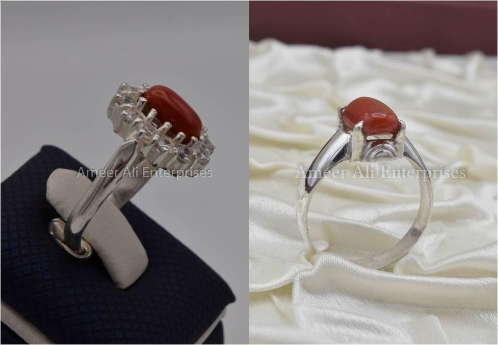 Silver Couple Rings: Pair 56,  Stone: Marjan (Coral) - AmeerAliEnterprises