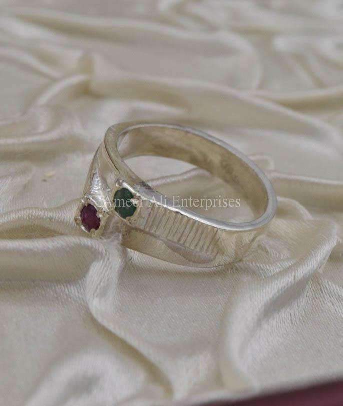 AAE 3505 Chandi Ring 925, Stone Emerald (Zamurd) and Ruby - AmeerAliEnterprises