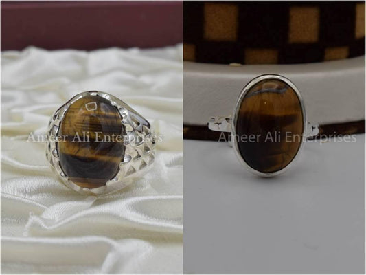 Silver Couple Rings: Pair 16, Stone: Tiger`s Eye - AmeerAliEnterprises