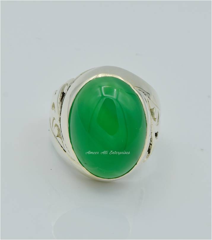 AAE 6236 Chandi Ring 925, Stone: Green Aqeeq