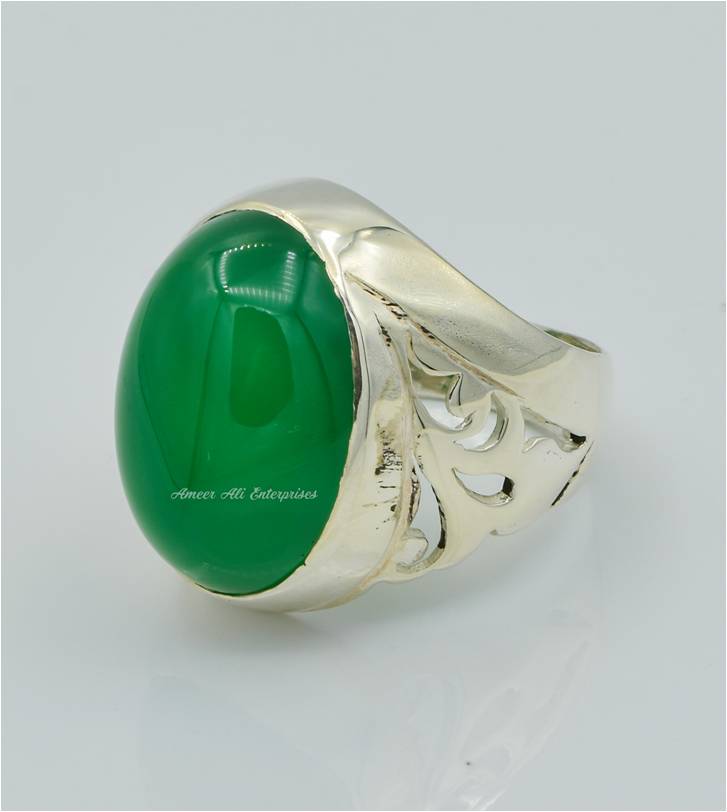 AAE 6236 Chandi Ring 925, Stone: Green Aqeeq