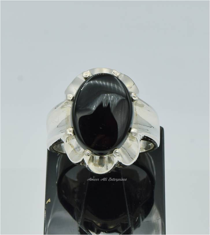 AAE 6238 Chandi Ring 925, Stone: Black Aqeeq