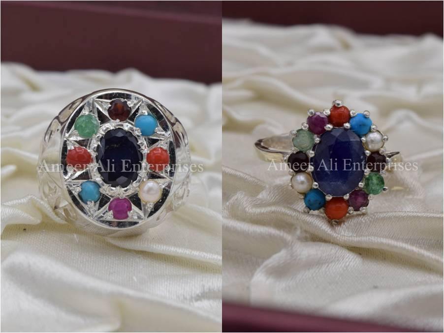 Silver Couple Rings: Pair 17,  Stone: Nine Original Stones - AmeerAliEnterprises