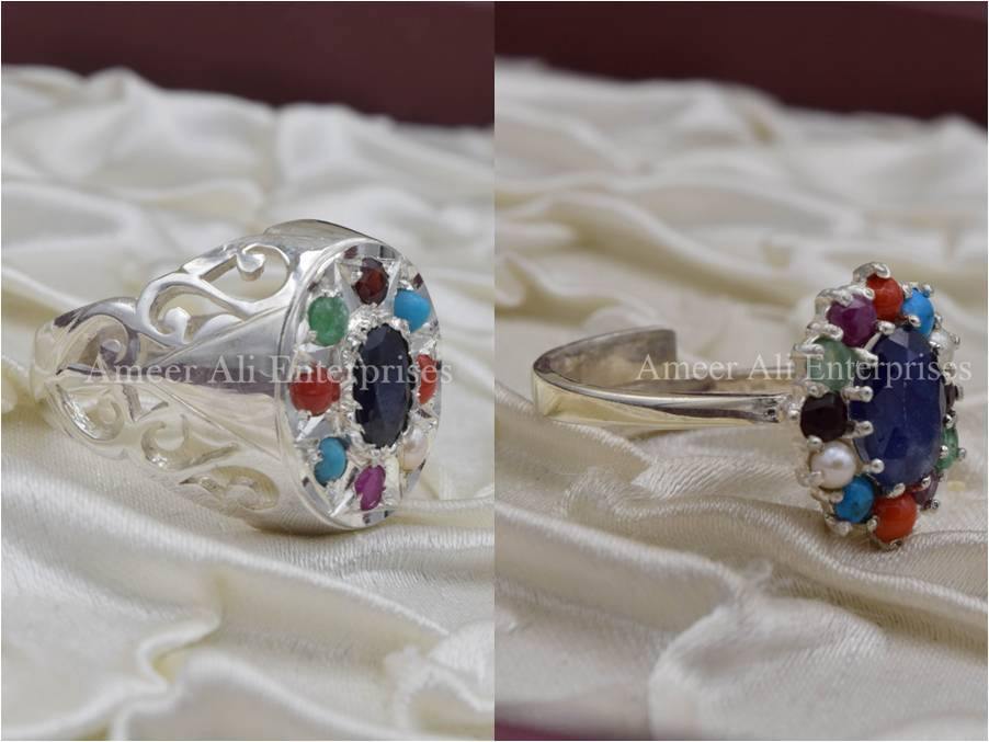 Silver Couple Rings: Pair 17,  Stone: Nine Original Stones - AmeerAliEnterprises