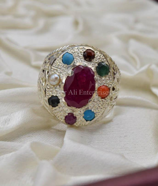 AAE 0550 Chandi Ring 925, Stone: Navratan (Nine Original Stones) - AmeerAliEnterprises