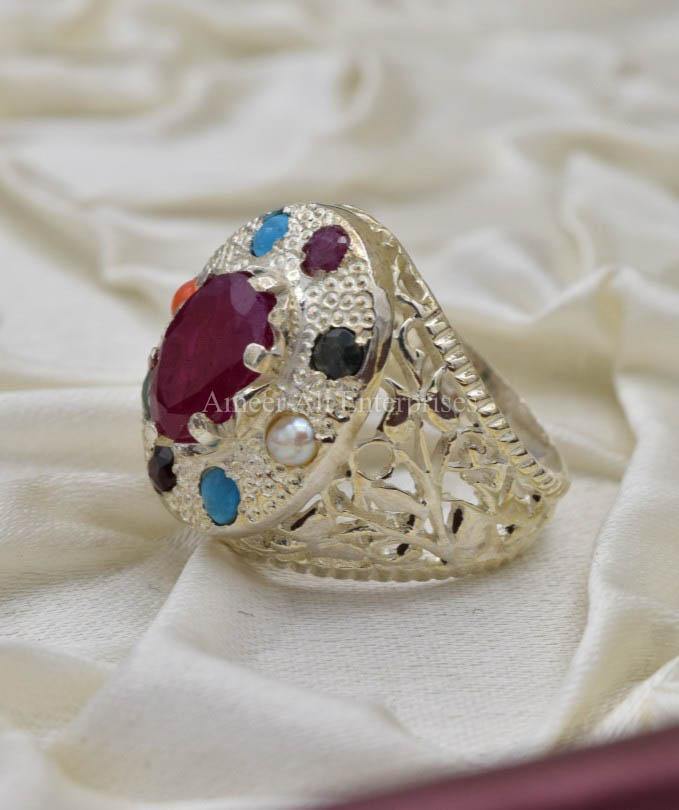 AAE 0550 Chandi Ring 925, Stone: Navratan (Nine Original Stones) - AmeerAliEnterprises