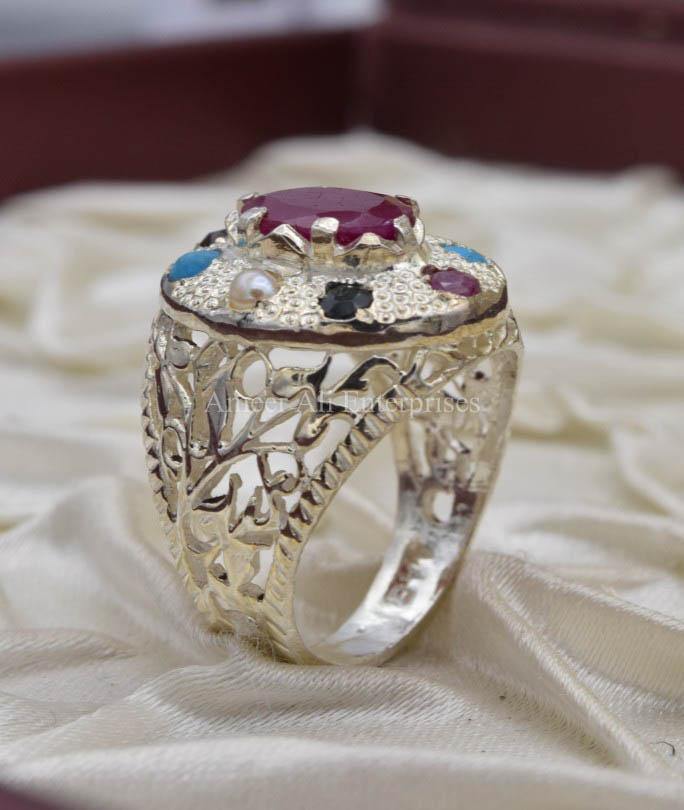 AAE 0550 Chandi Ring 925, Stone: Navratan (Nine Original Stones) - AmeerAliEnterprises